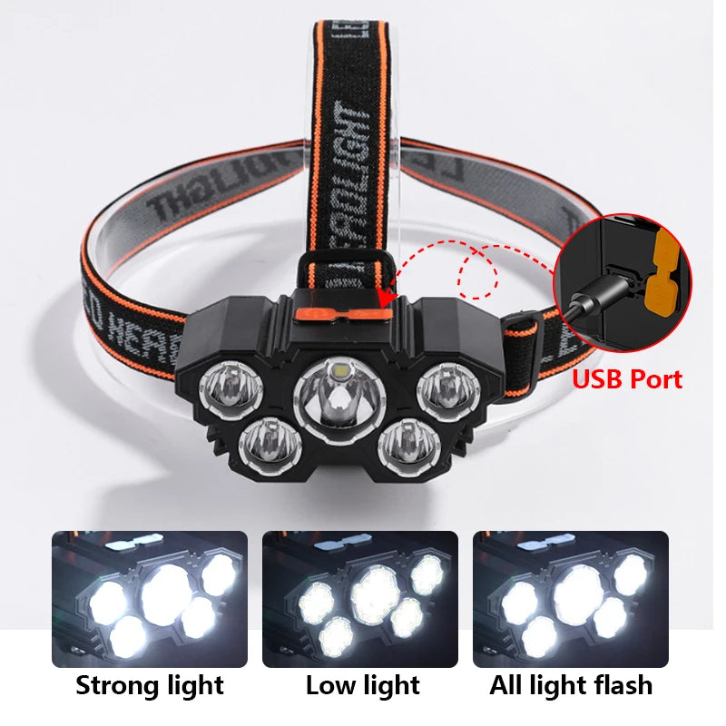 TrailHaven™ 5-LED Rechargeable Headlamp | Ultra-Bright, Adjustable & Waterproof for Camping, Fishing & Outdoor Adventures