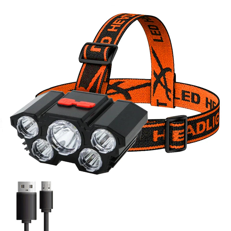 TrailHaven™ 5-LED Rechargeable Headlamp | Ultra-Bright, Adjustable & Waterproof for Camping, Fishing & Outdoor Adventures